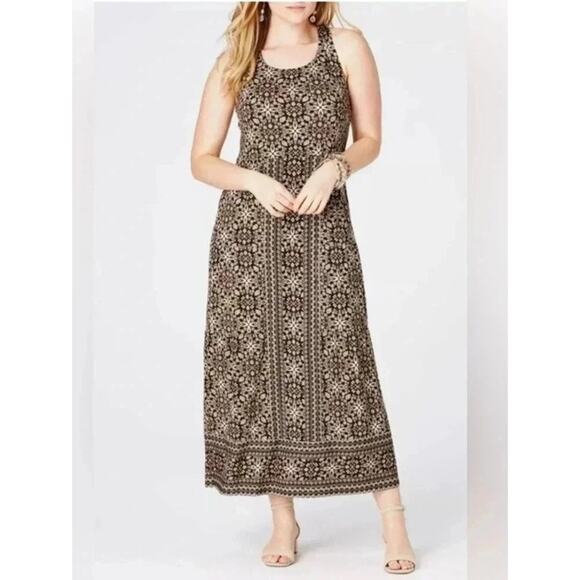 J Jill Kona St Cross Back Brown Floral Midi Dress Boho Preppy NEW Womens Large - Picture 1 of 10